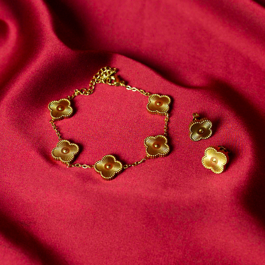 Ornate Five Motif Clover Bracelet & Earrings Set