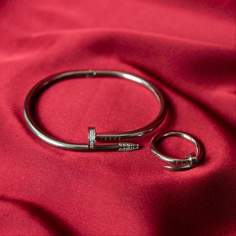 Classic Nail Bangle & Ring Gift Set - Silver